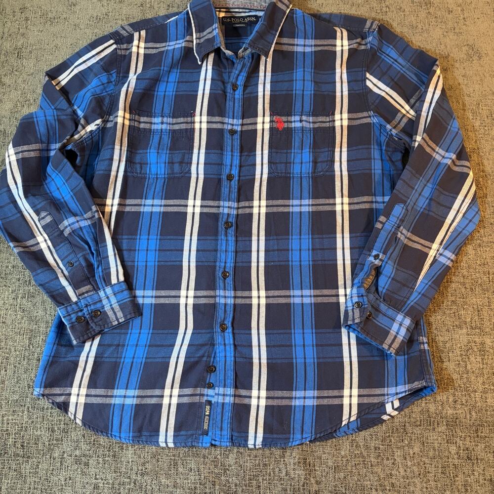 US Polo Assn Mens Long Sleeve Blue and White Plaid Button Down Shirt X-Large